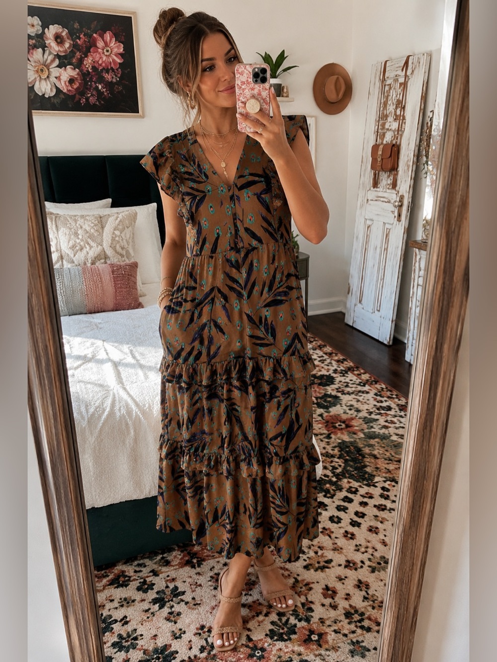 Entro Floral Ruffle Maxi Dress Small Boho Satin Brown Teal Tiered V Neck